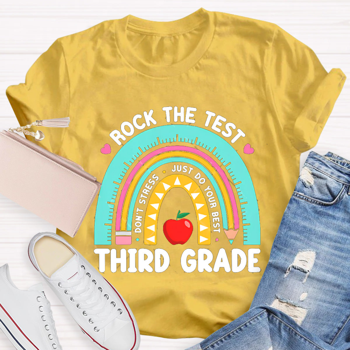 Personalize Grade Rock The Test Apple Teacher T-Shirt