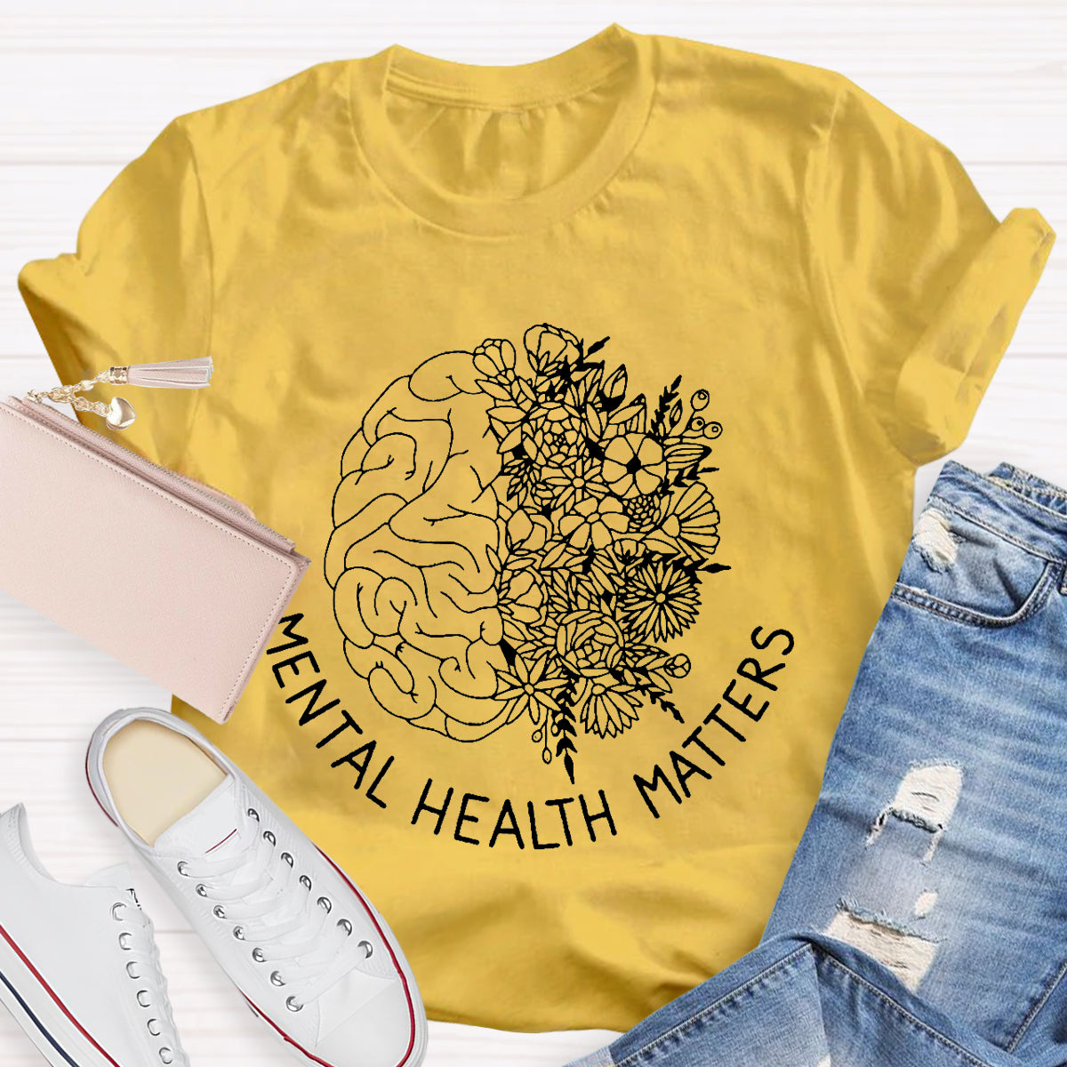 Floral Brain Mental Health Matters Teacher T-Shirt