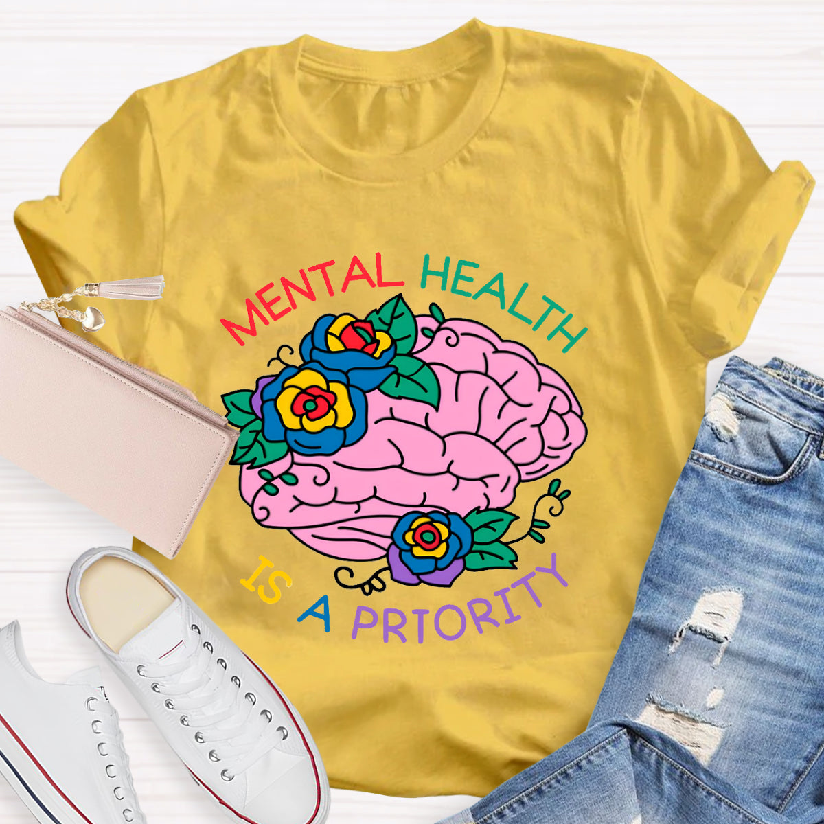 Mental Heath Is A Priority Floral Brain T-Shirt