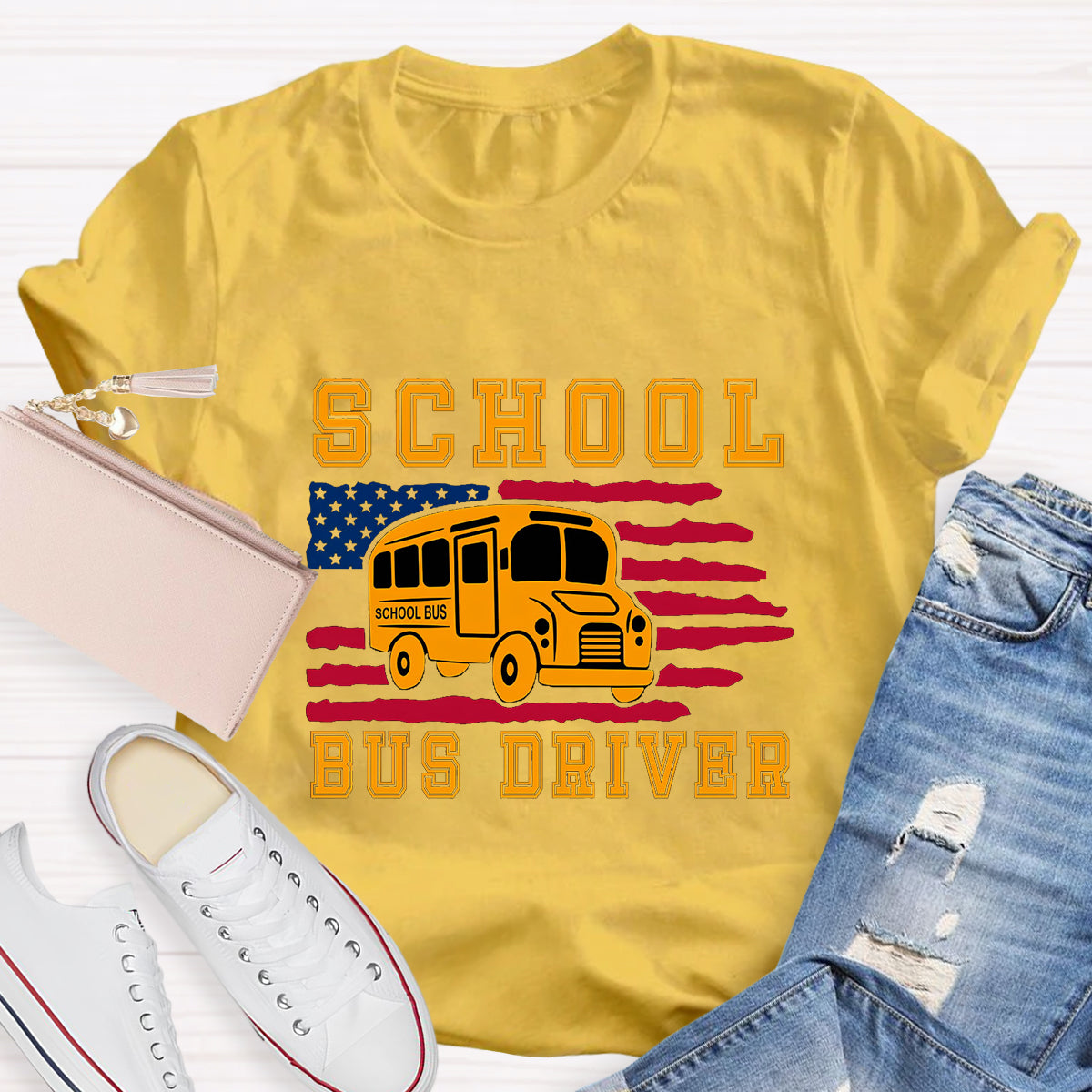 School Bus Driver US Flag T-Shirt