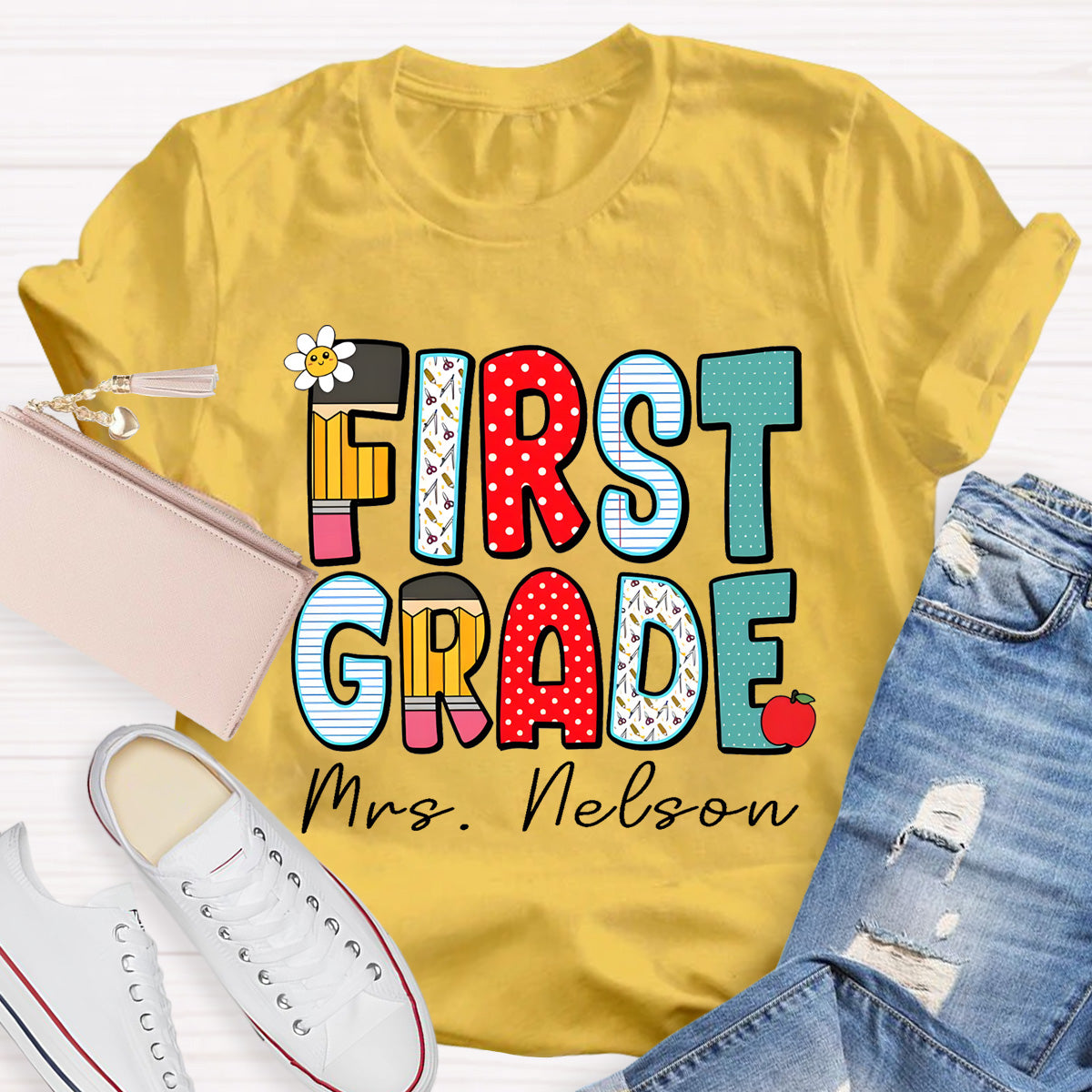 Personalized Grade And Name Back To School Dot Printed Teacher T-Shirt