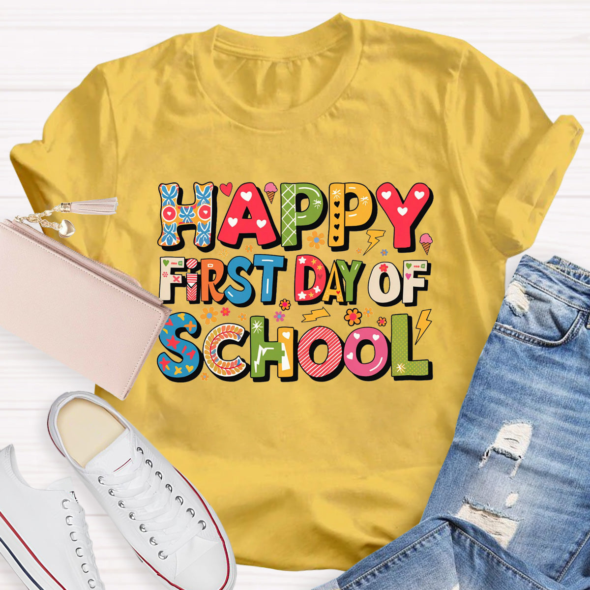 Happy First Day Of School Heart Printed Teacher T-Shirt