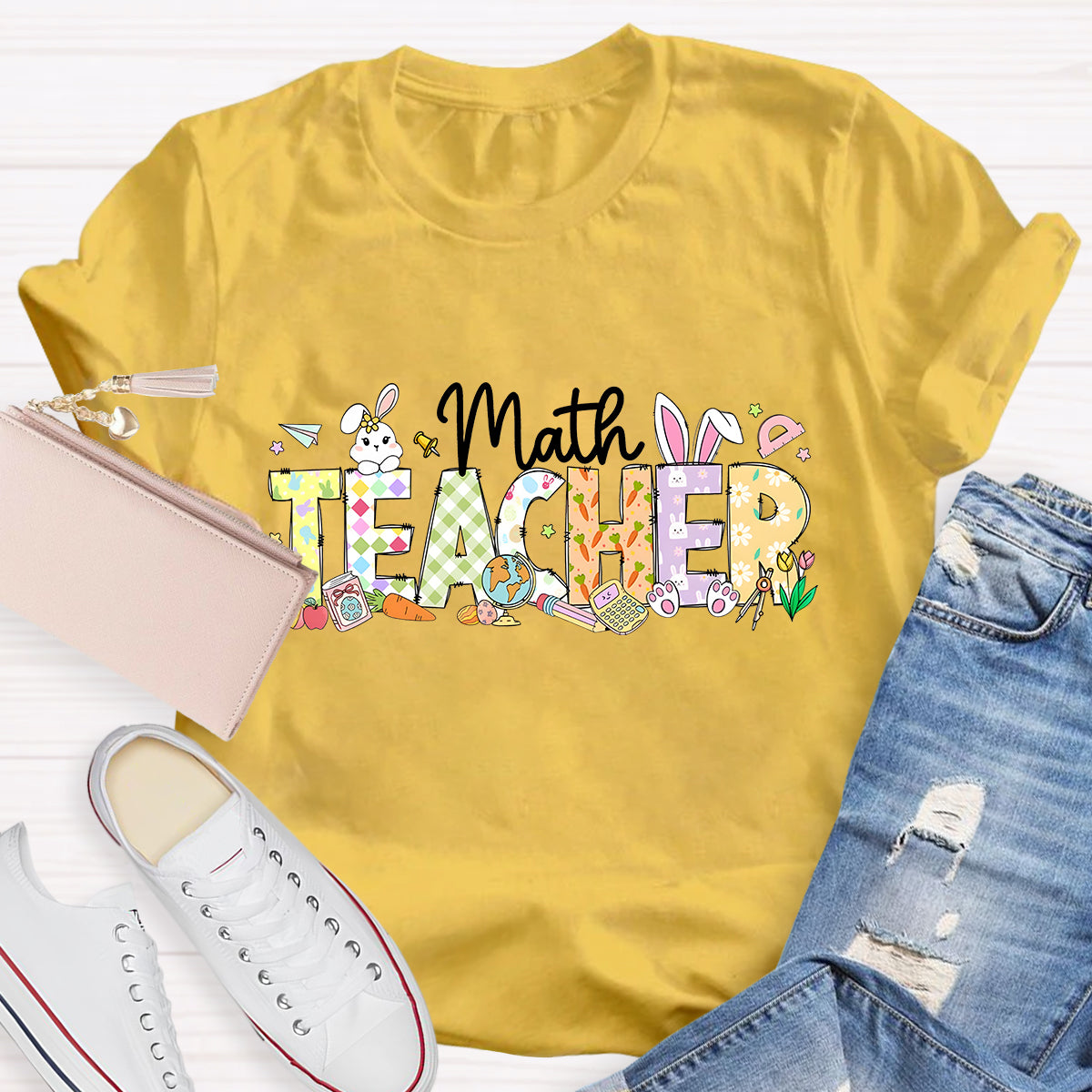 Happy Easter Math Teacher Pink Rabbits Teacher T-Shirt