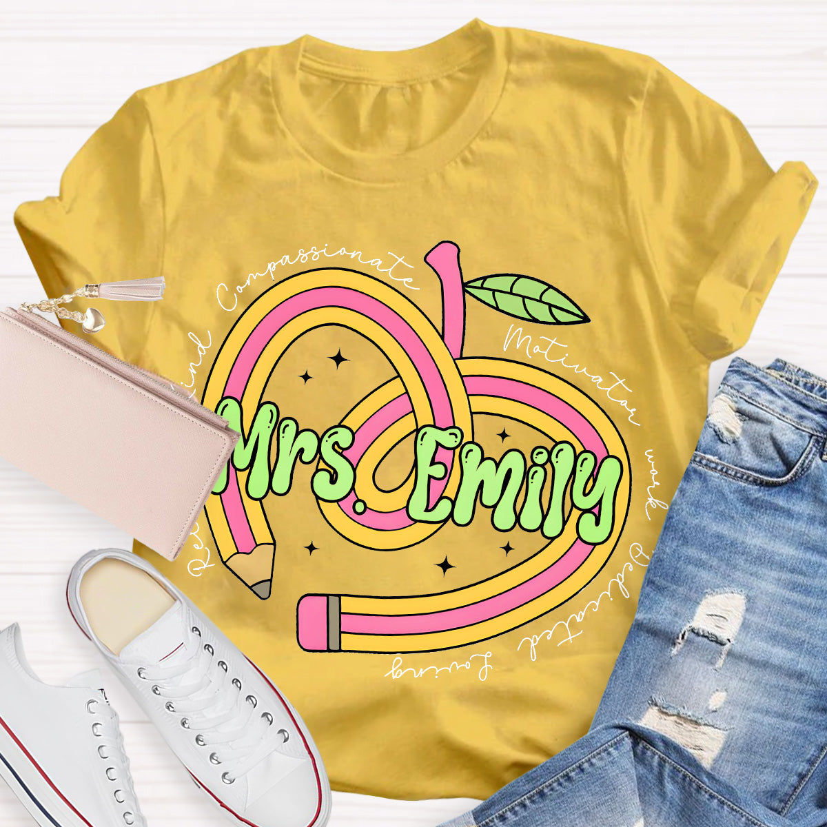 Personalize Name Reliable Kind Compassionate Pink Apple Teacher T-Shirt