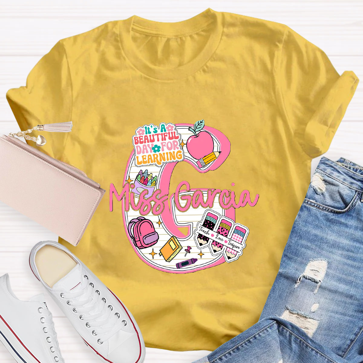Personalized Name It's A Beautiful Day For Learning Teacher T-Shirt