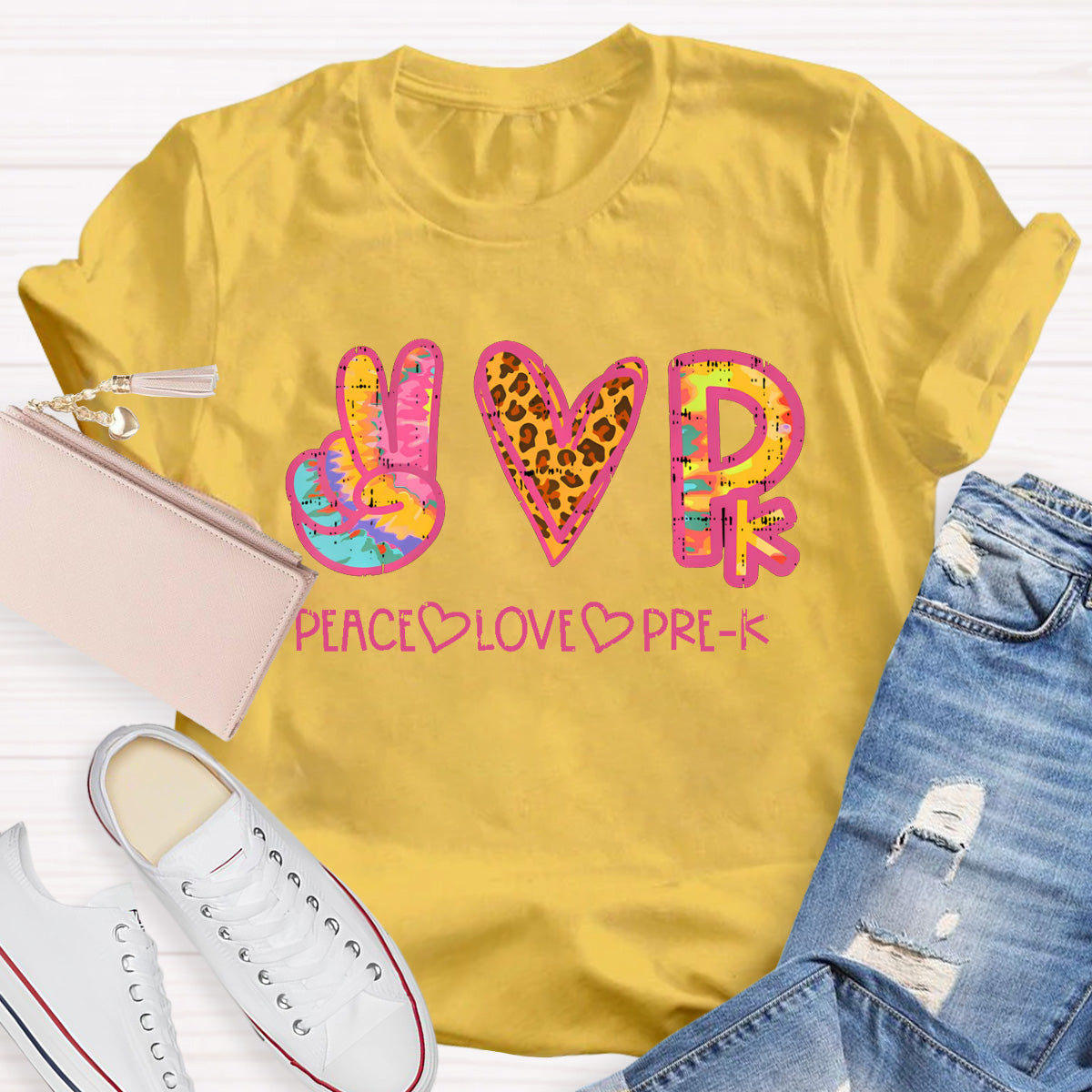 Personalized Grade Peace Love Prek Teacher T-Shirt