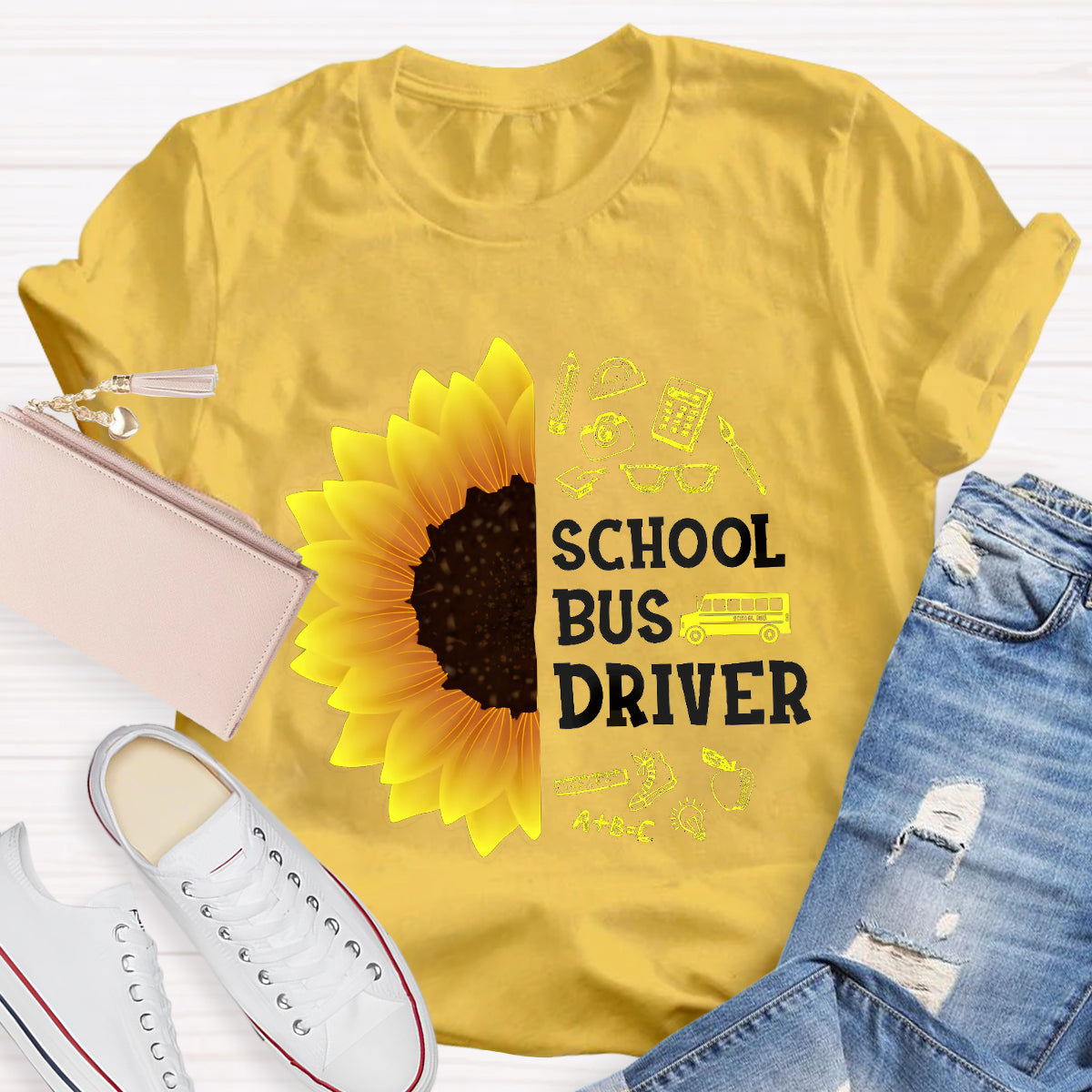 School Bus Driver Sunflower Teacher T-Shirt