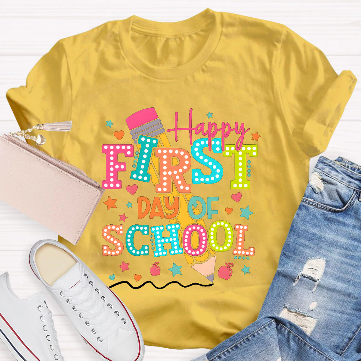 Pencil Dot Happy First Day Of School Teacher T-Shirt