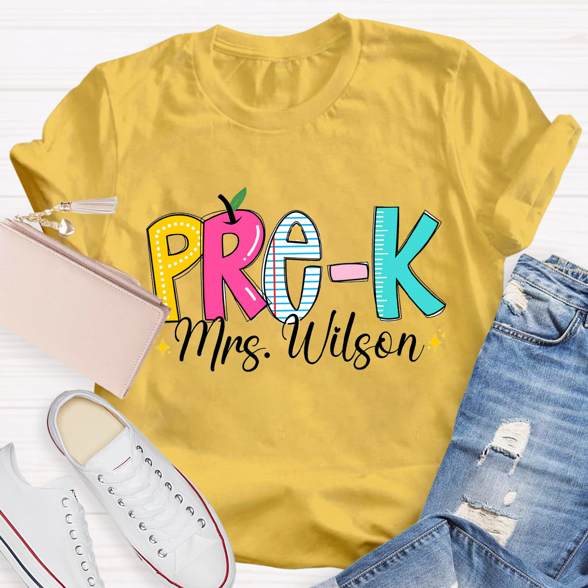 Personalized Grade And Teacher Name Apple Ruler Printed T-Shirt