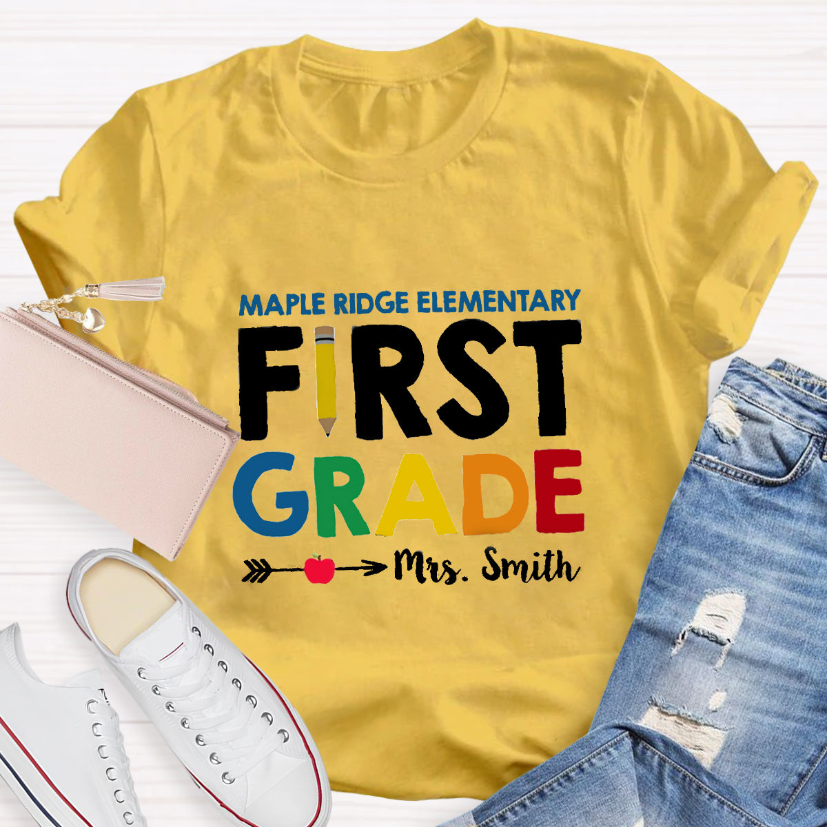 Personalized School Name Grade And Teacher Name Pencil Apple Heart T-Shirt