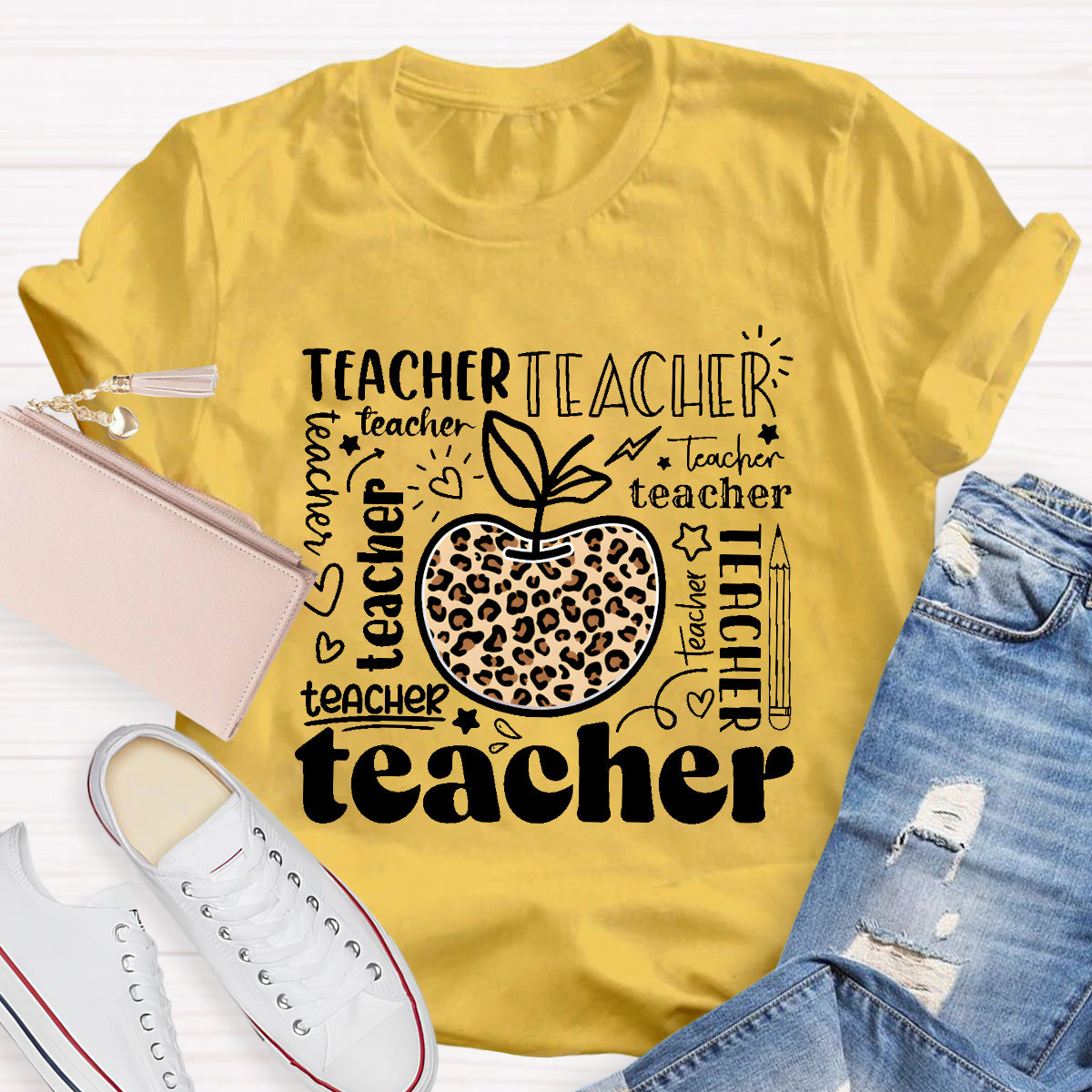 Teacher Various Fonts Various Fonts Leopard Apple T-Shirt