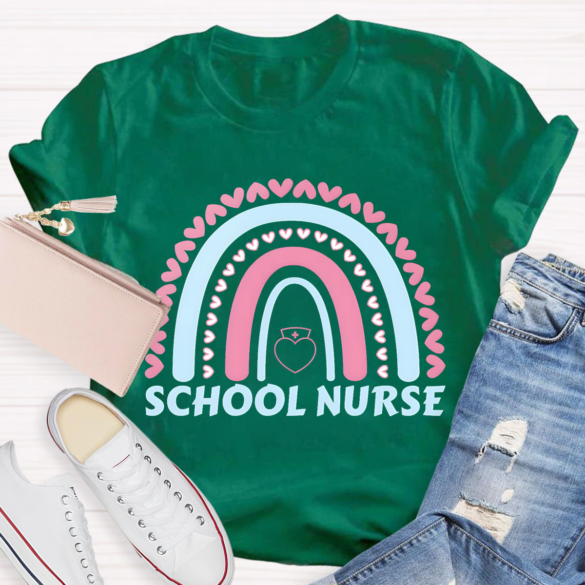 School Nurse Rainbow Pink Heart T-Shirt