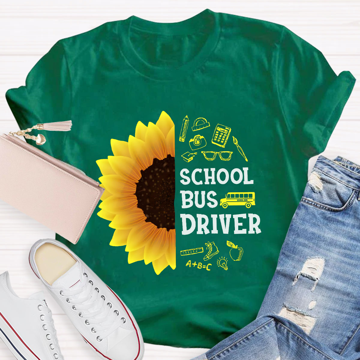 School Bus Driver Sunflower Teacher T-Shirt