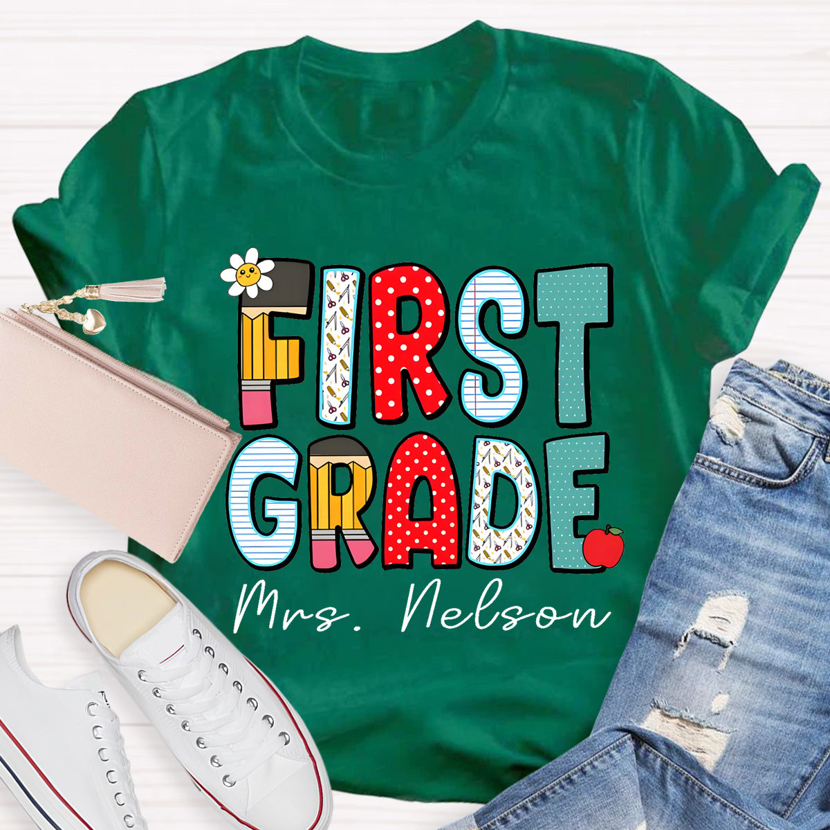 Personalized Grade And Name Back To School Dot Printed Teacher T-Shirt