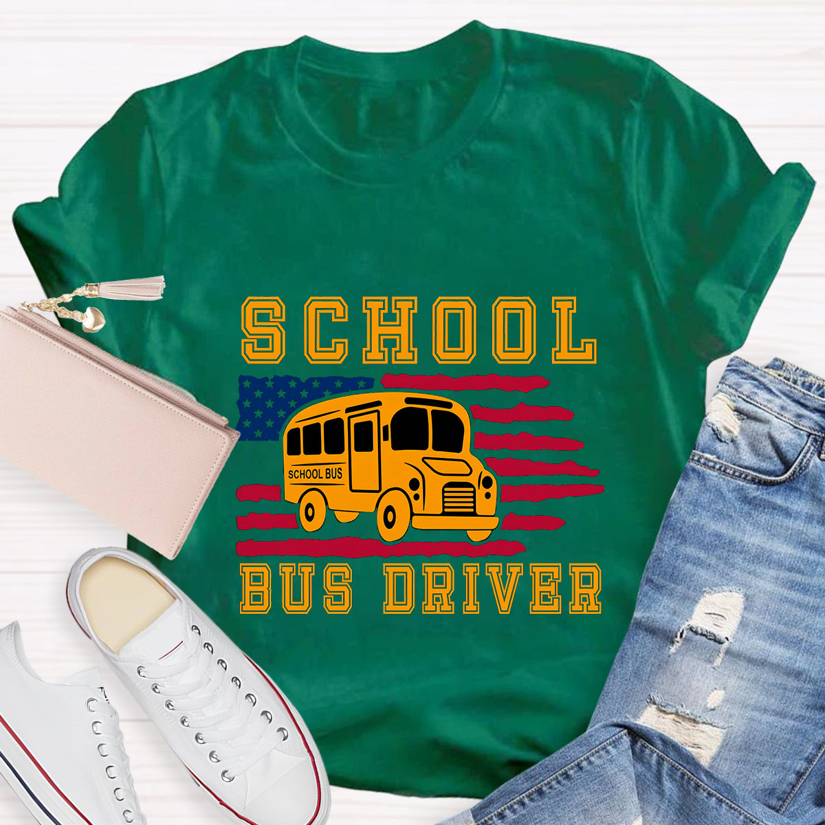 School Bus Driver US Flag T-Shirt