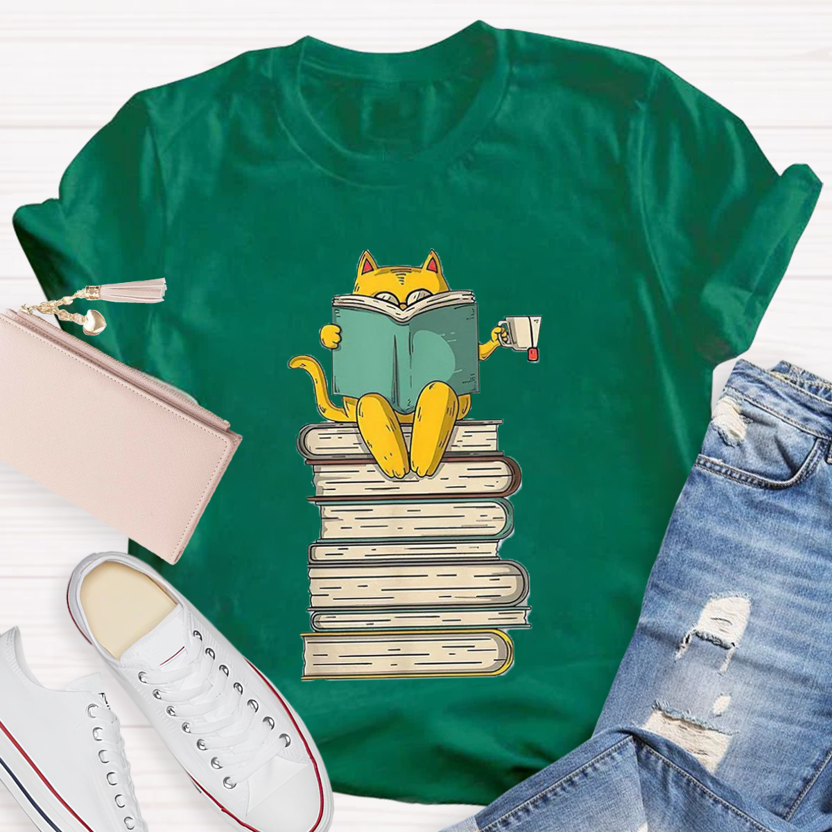 Reading Cat Funny Book & Tea Lover T-Shirt