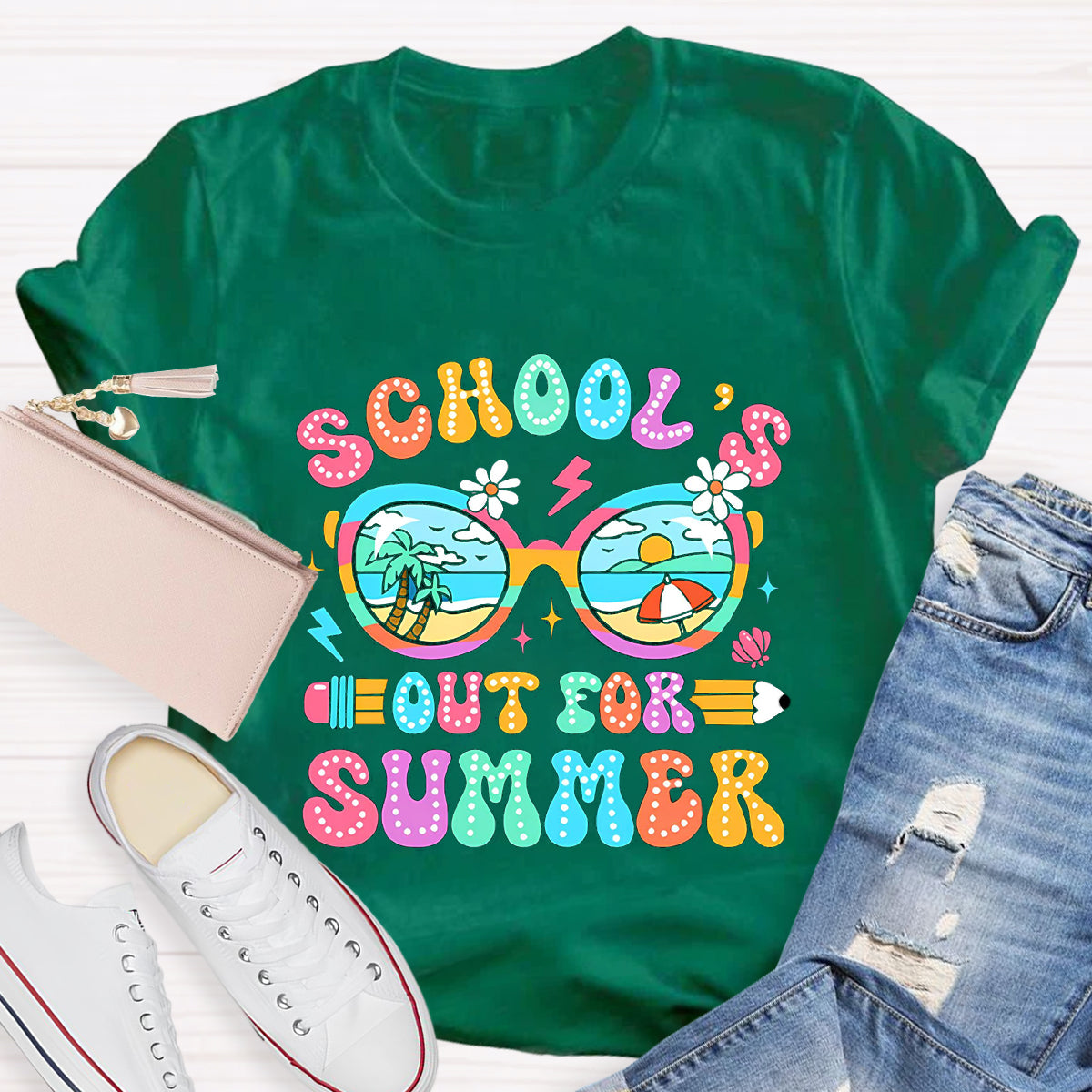 School's Out For Summer Beach Pencil Teacher T-Shirt