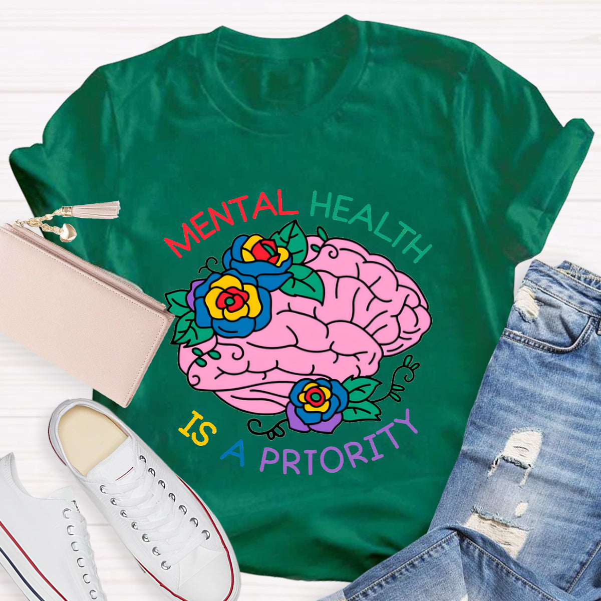Mental Heath Is A Priority Floral Brain T-Shirt