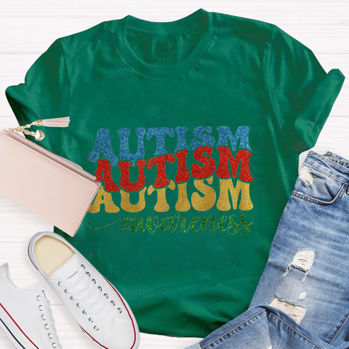 Rainbow Colors Glitter Autism Awareness T-Shirt