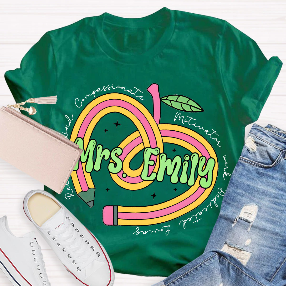Personalize Name Reliable Kind Compassionate Pink Apple Teacher T-Shirt