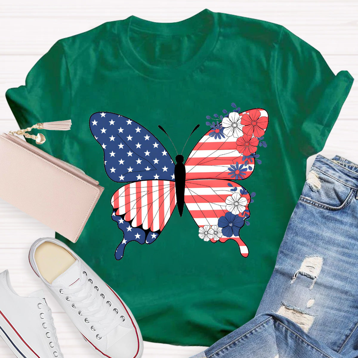 American Flag Butterfly Teacher T-Shirt