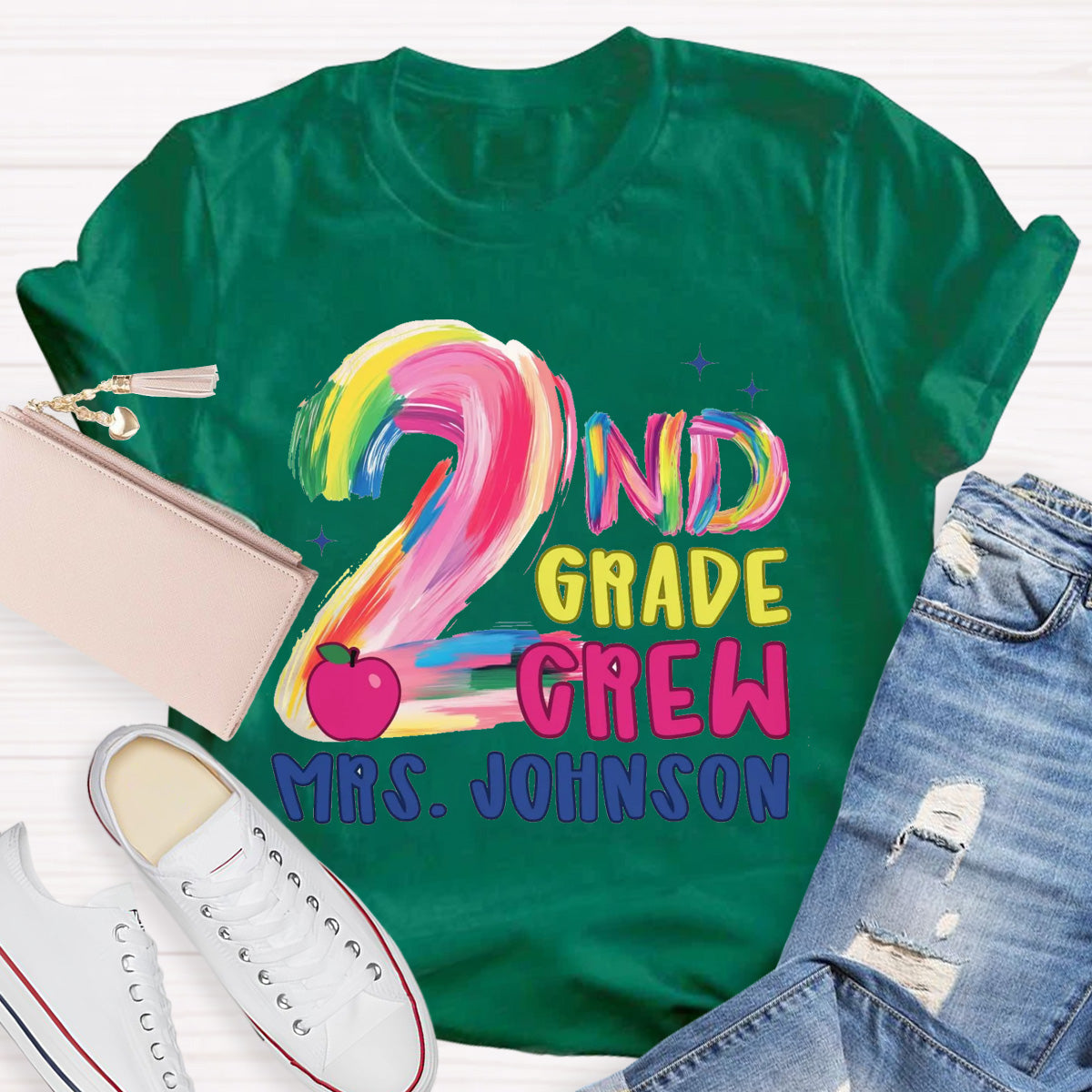 Personalized Grade And Name Pink Apple Teacher T-Shirt