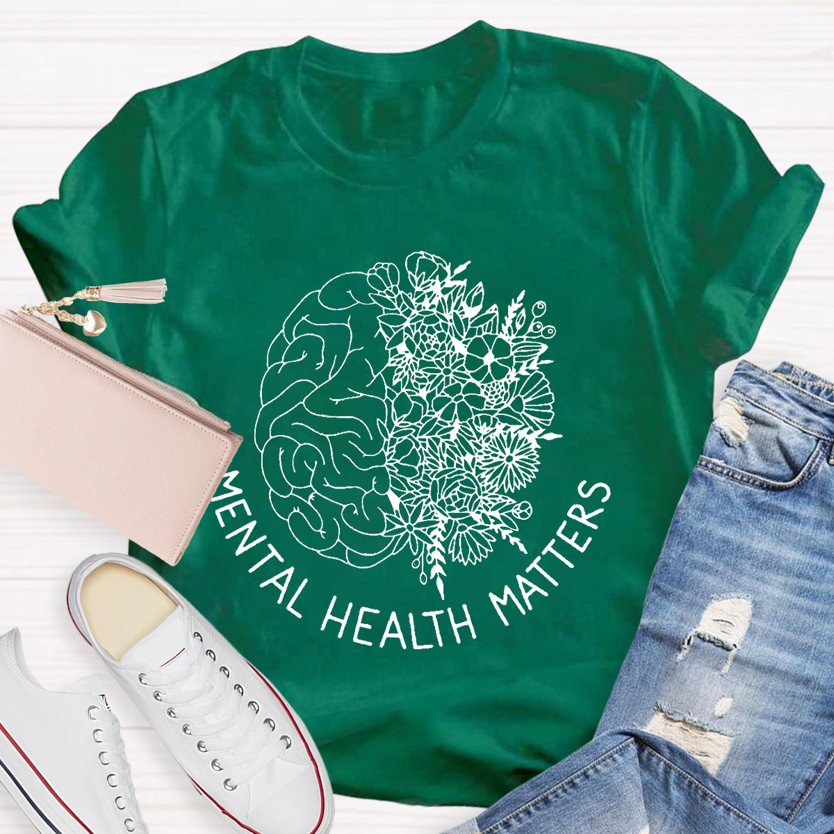 Floral Brain Mental Health Matters Teacher T-Shirt