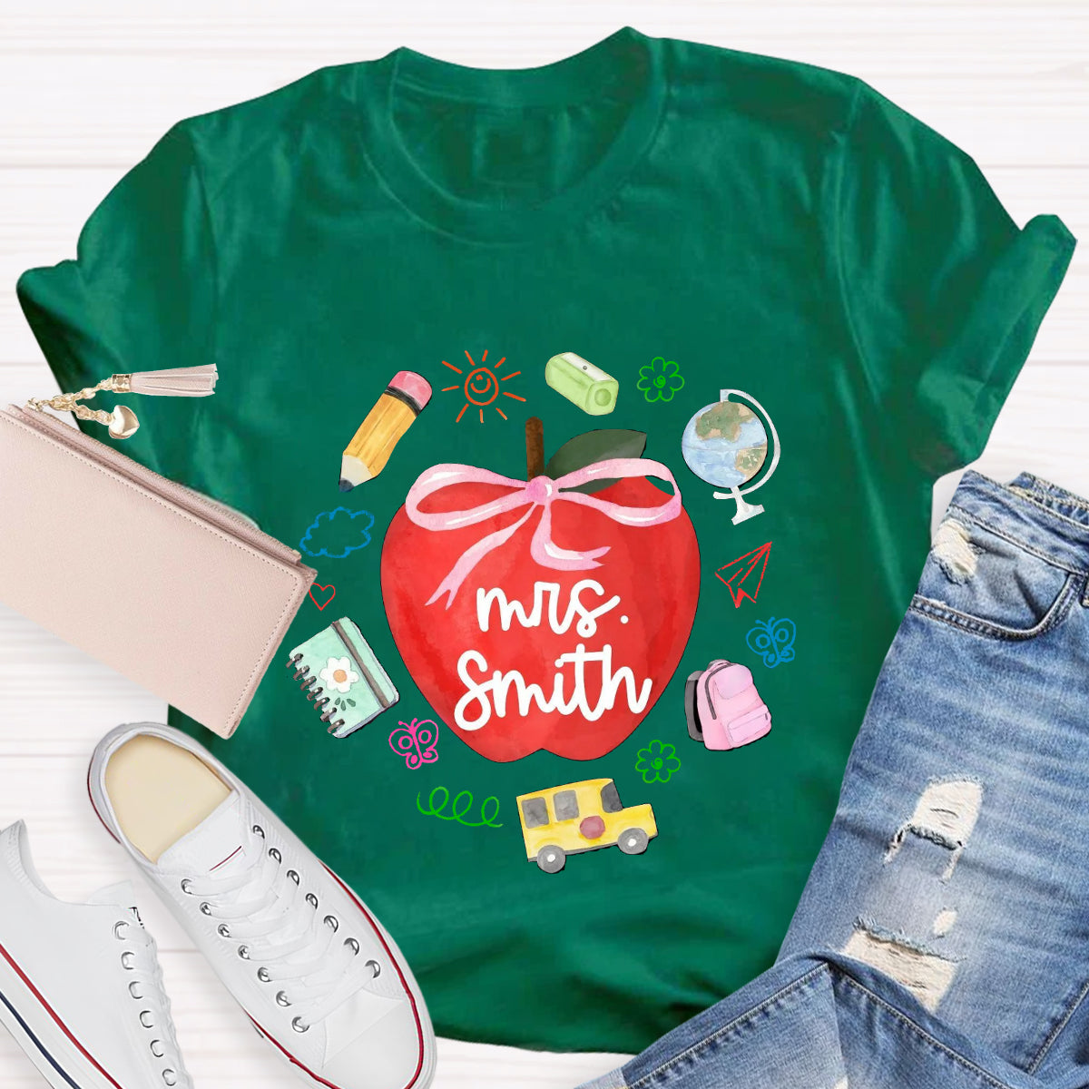 Personalized Name Red Apple Teacher T-Shirt