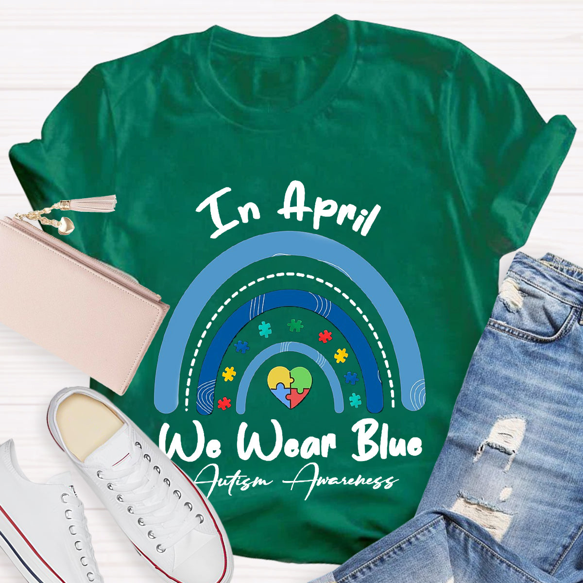 In April We Wear Blue Rainbow Teacher T-Shirt
