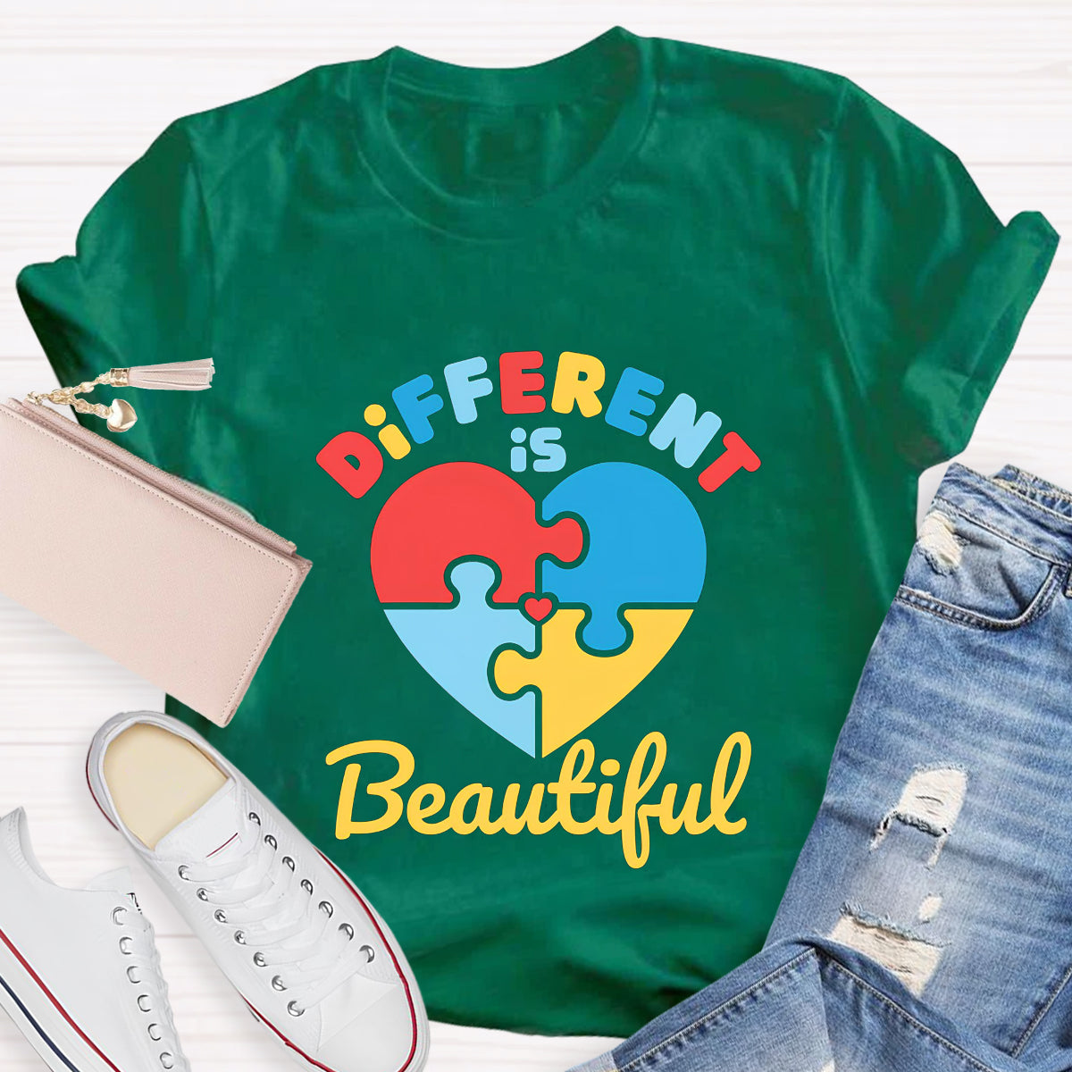 Different Is Beautiful Colorful Heart Teacher T-Shirt