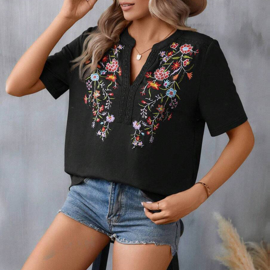 Embroidered And Lace Trim Short-Sleeved T-Shirt