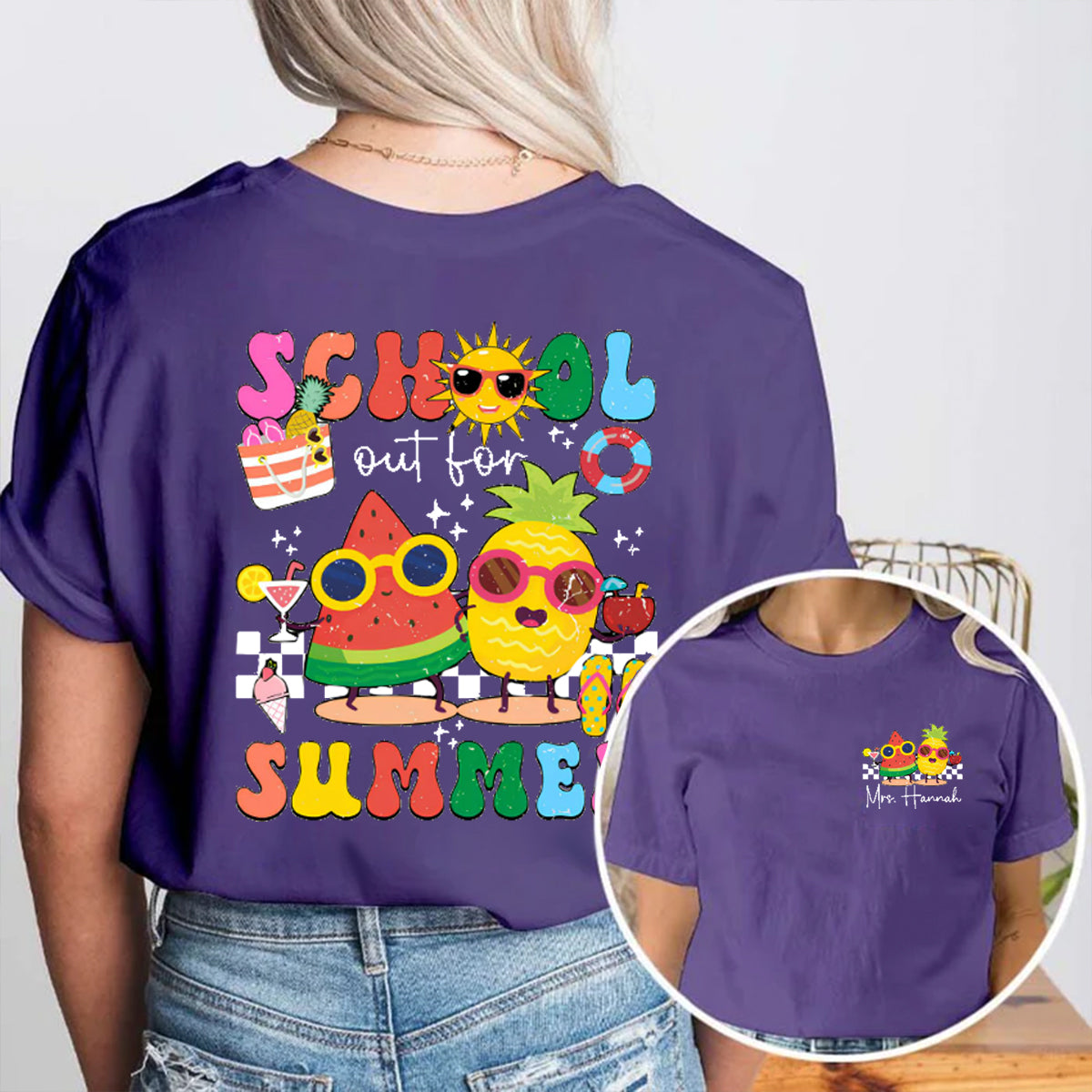 Personalized Name school Out For Summer Ice cream Double Printed T-shirt