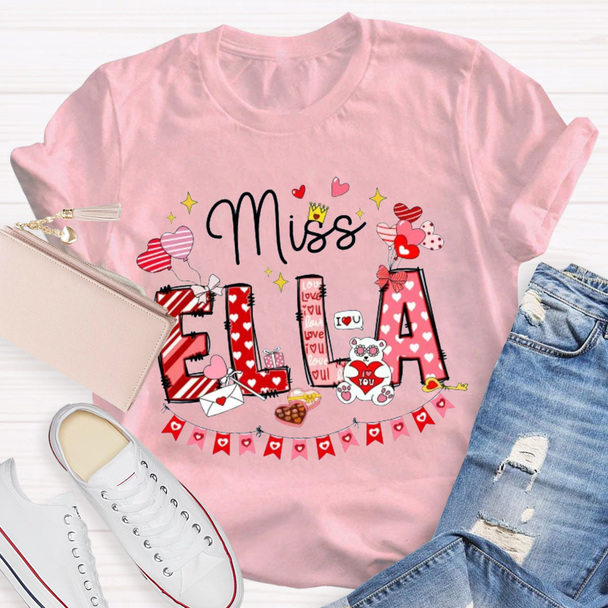 Personalized Name Valentine's Day Miss Ella Teacher T-Shirt