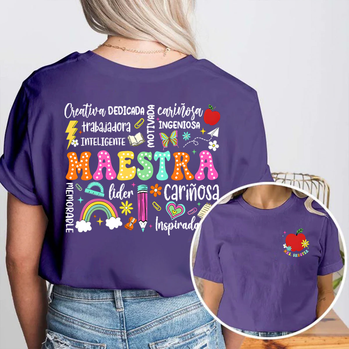 Personalized Name Book And Apple Double Printed T-shirt