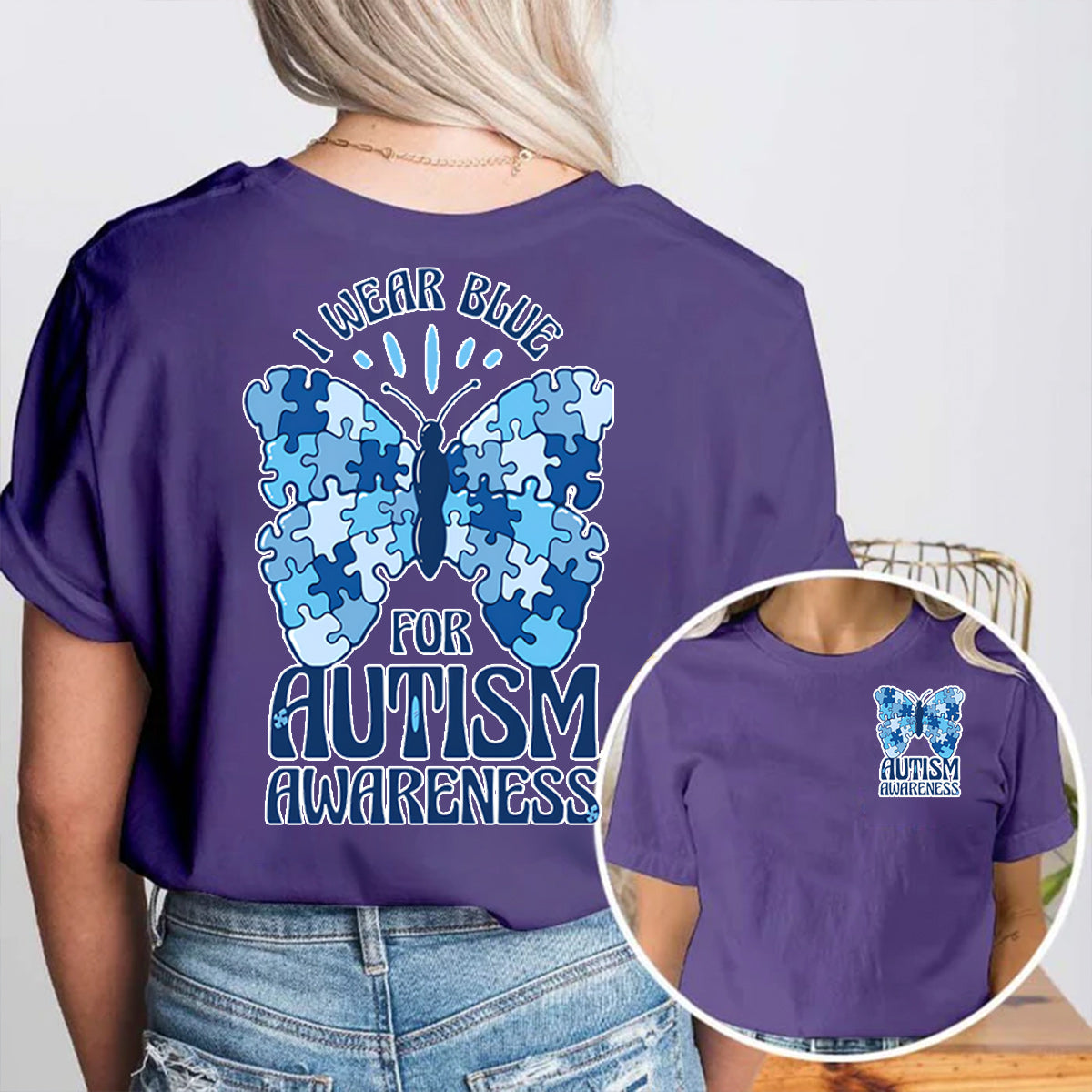 I Wear Blue For Autism Awareness Double Printed T-shirt