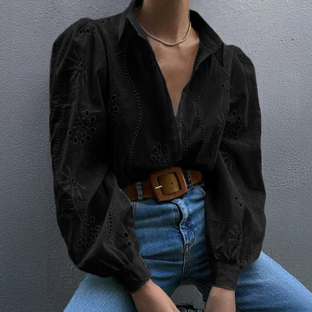 Fashionable Openwork Puff Sleeve Cardigan Shirt
