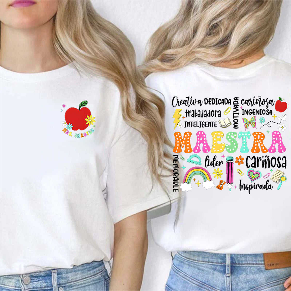 Personalized Name Book And Apple Double Printed T-shirt