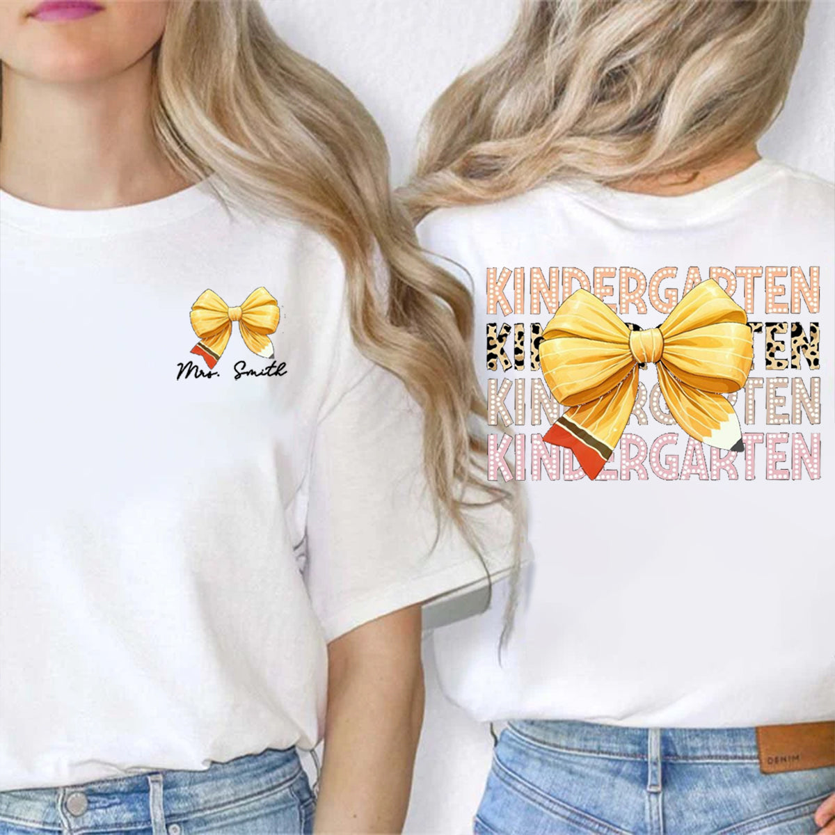 Personalized Grade And Name Pink Bow Double Printed T-shirt