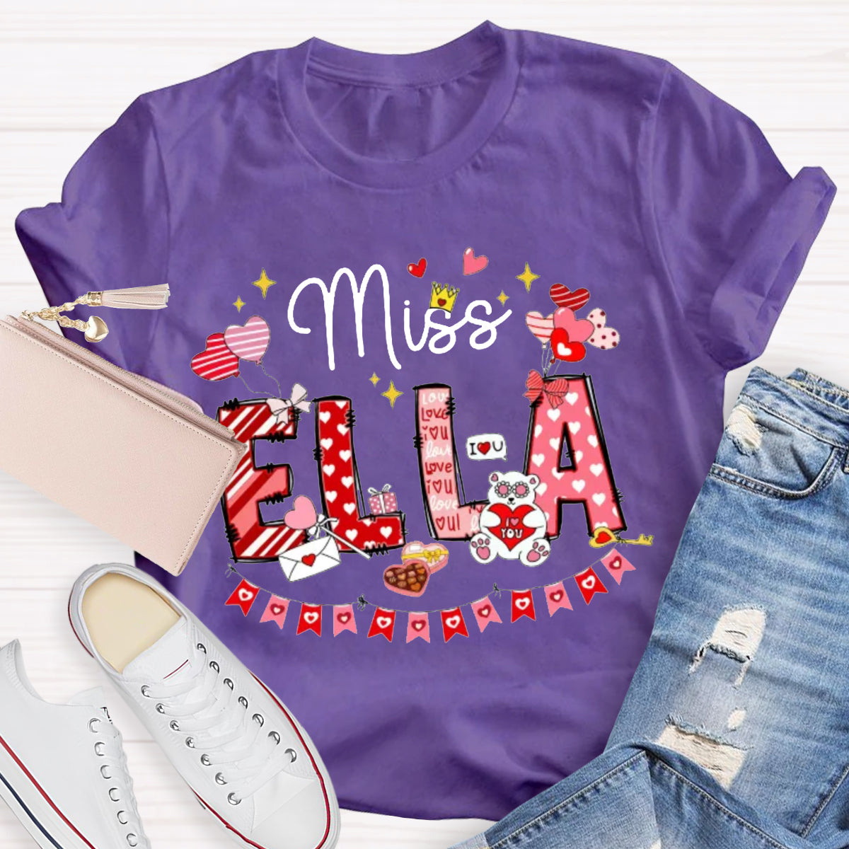 Personalized Name Valentine's Day Miss Ella Teacher T-Shirt