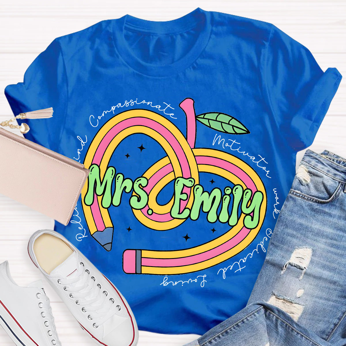 Personalize Name Reliable Kind Compassionate Pink Apple Teacher T-Shirt
