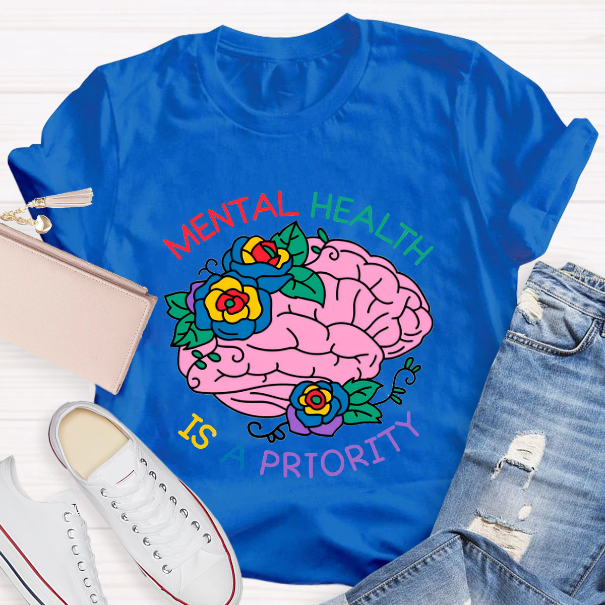 Mental Heath Is A Priority Floral Brain T-Shirt