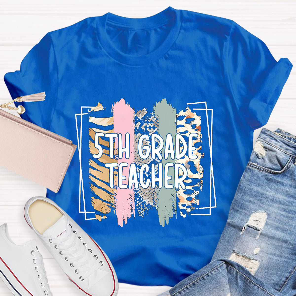 Personalized Grade Color Block 5th Grade Teacher T-Shirt
