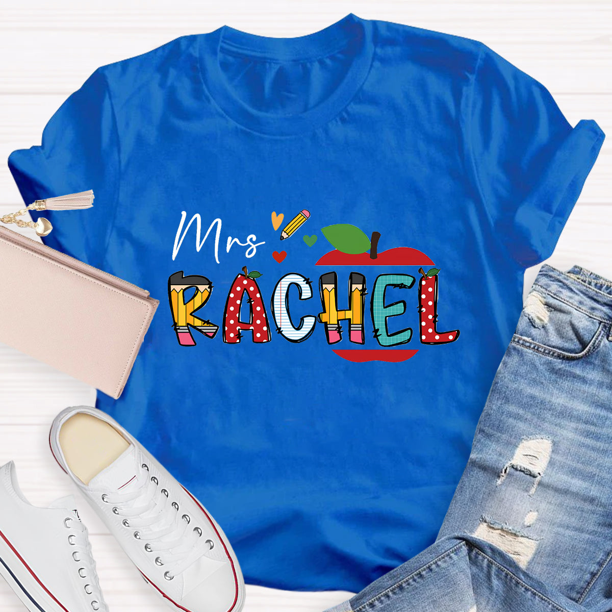 Personalized Teacher Name Apple Pencil Printed T-Shirt