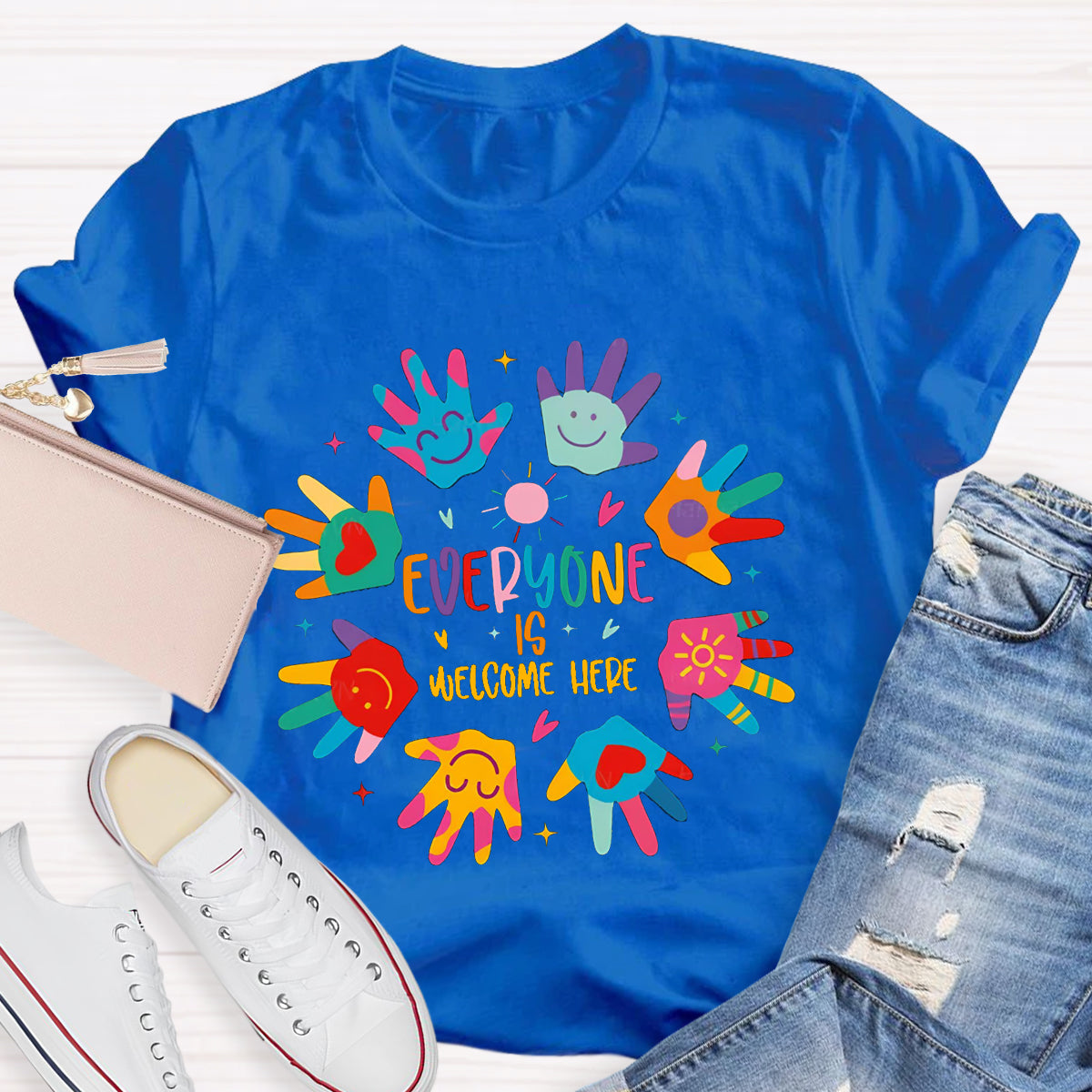 Everyone Is Welcome Here Colorful Hands Teacher T-Shirt