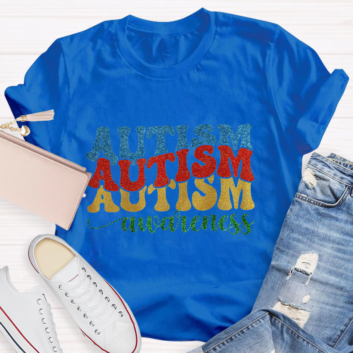 Rainbow Colors Glitter Autism Awareness T-Shirt
