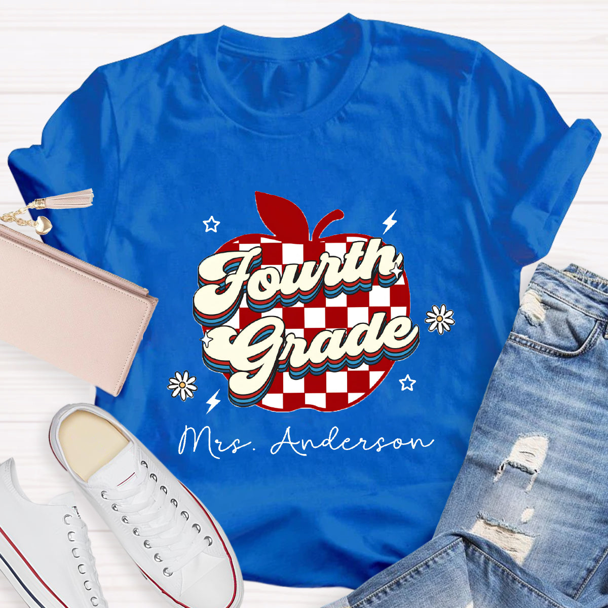 Personalized Grade And Name Apple Chessboard Pattern T-Shirt