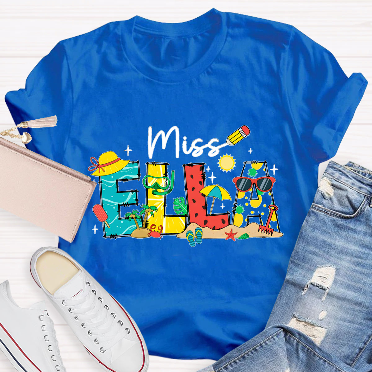 Personalized Name Summer Break Beach Teacher T-Shirt
