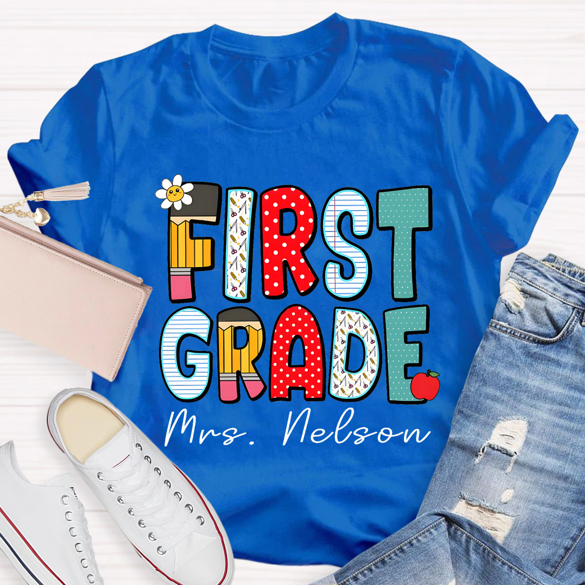Personalized Grade And Name Back To School Dot Printed Teacher T-Shirt