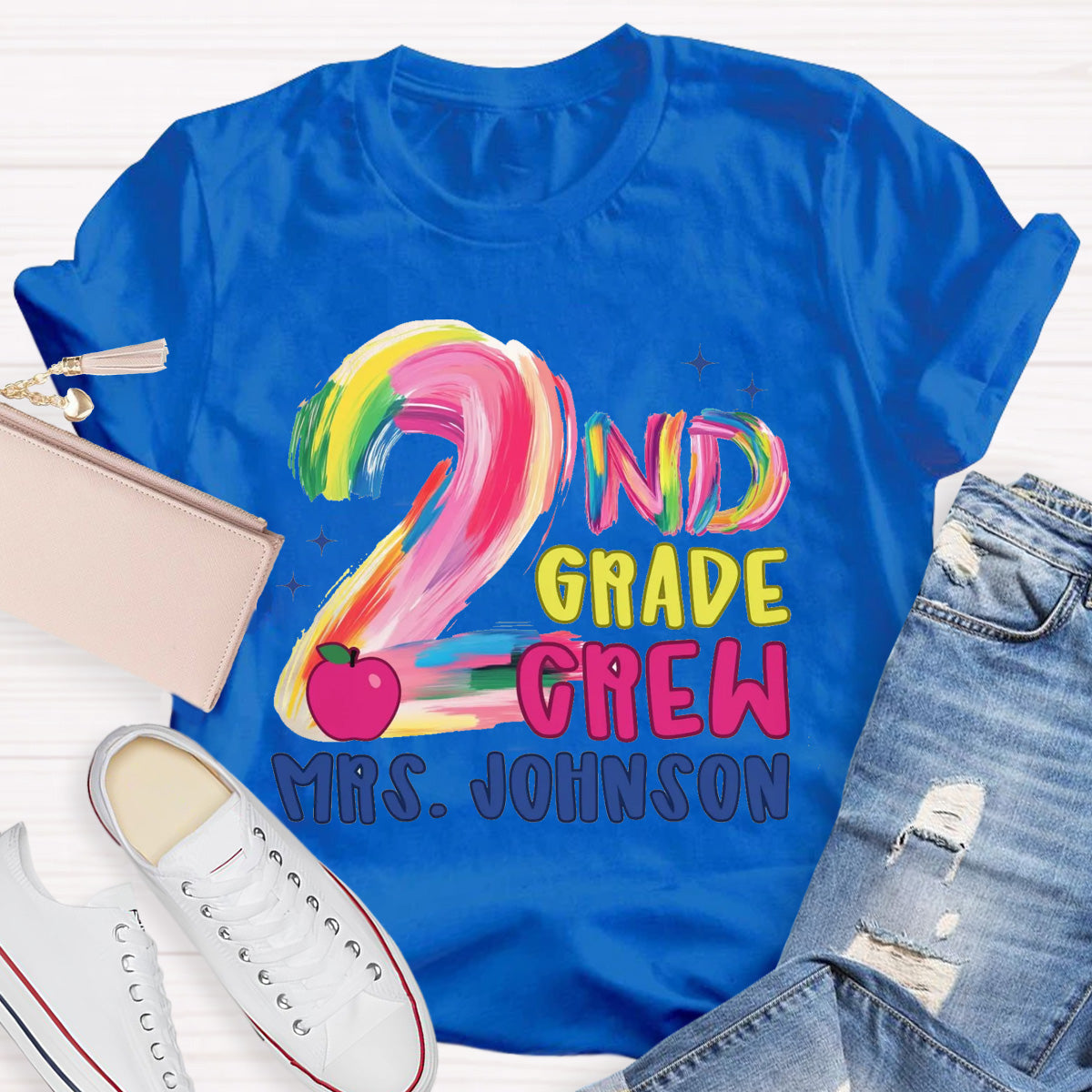 Personalized Grade And Name Pink Apple Teacher T-Shirt