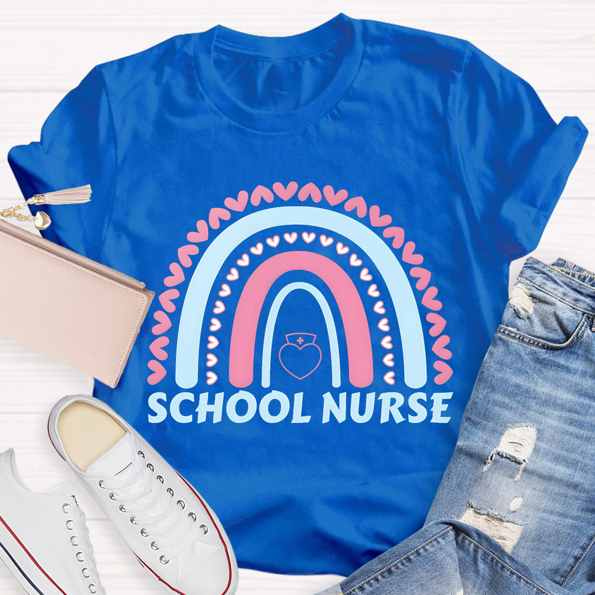 School Nurse Rainbow Pink Heart T-Shirt